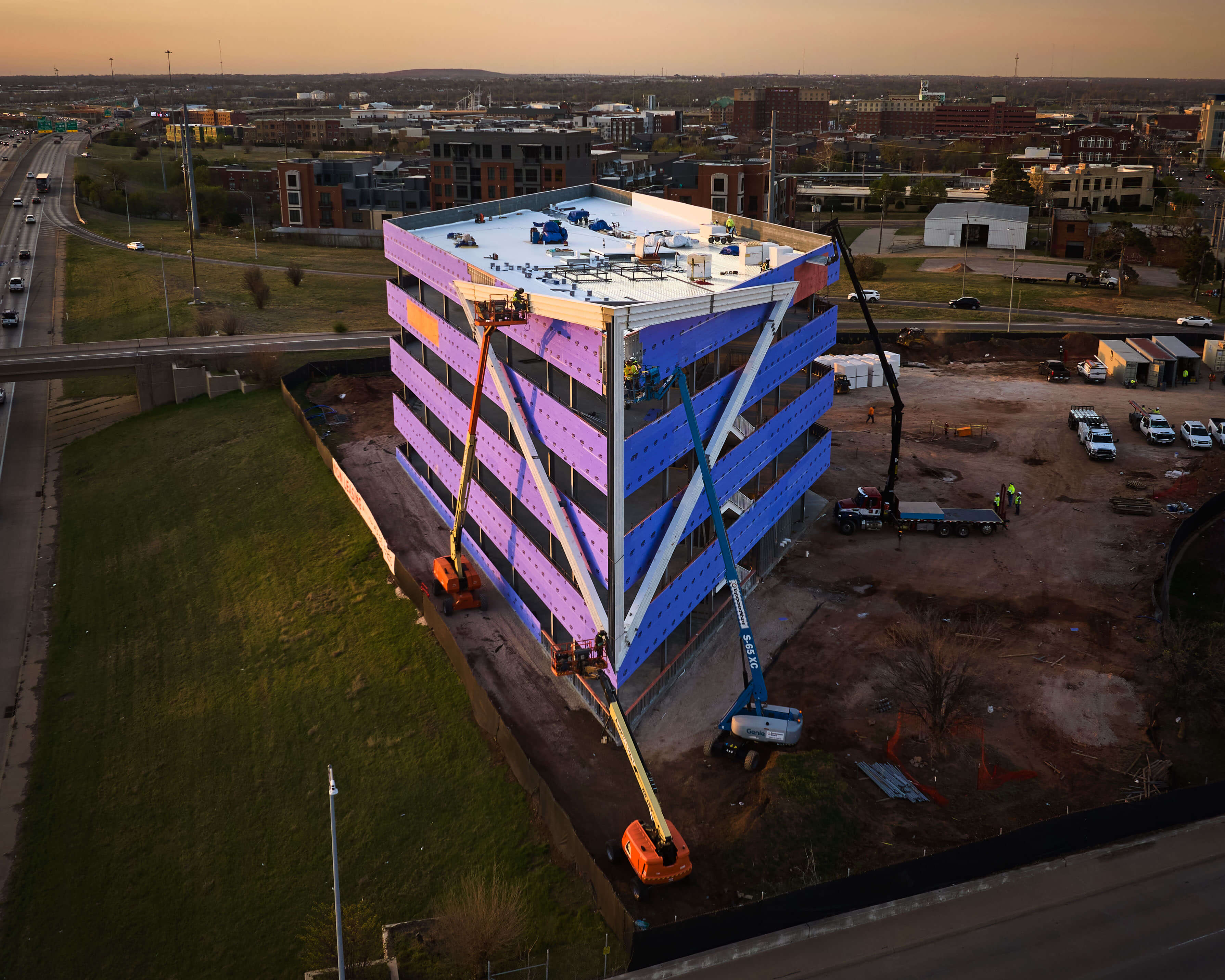 High aerial view of triangle structural installation at Berry Rock Building, Flatiron District Oklahoma City